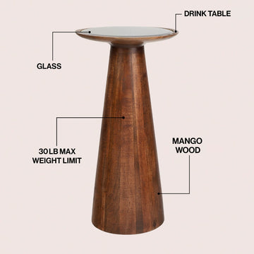 Linden 21.5" Farmhouse Industrial Mango Wood Drink Table and Decorative End Table with Round Black Glass Top and Cone Pedestal Base